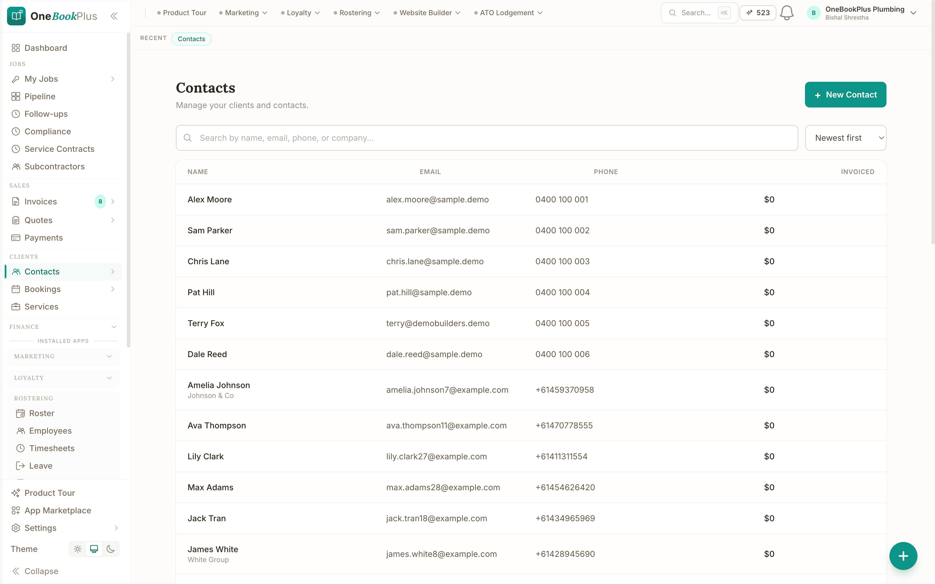 Contacts & CRM in the OneBookPlus web app