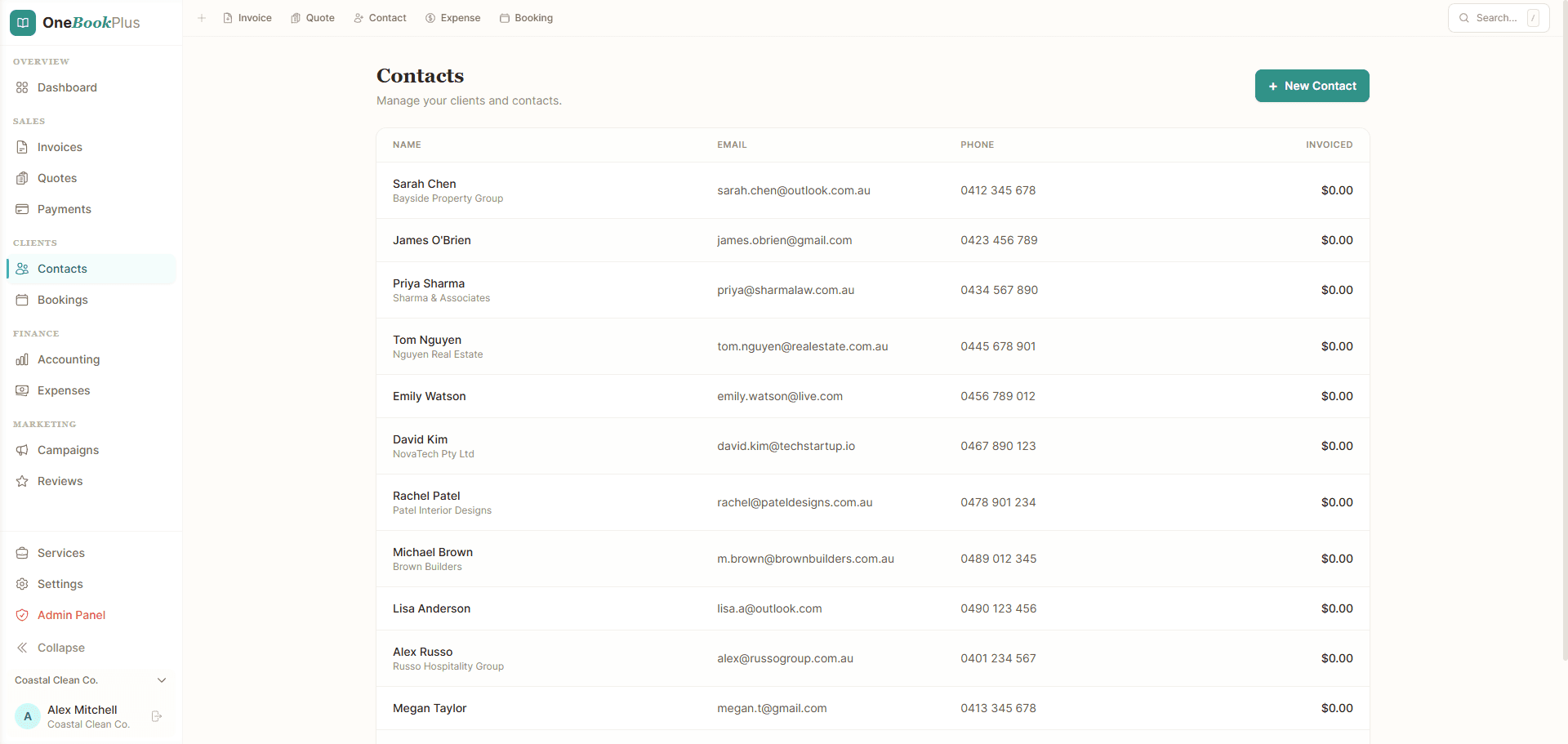 CRM & Contacts — OneBookPlus