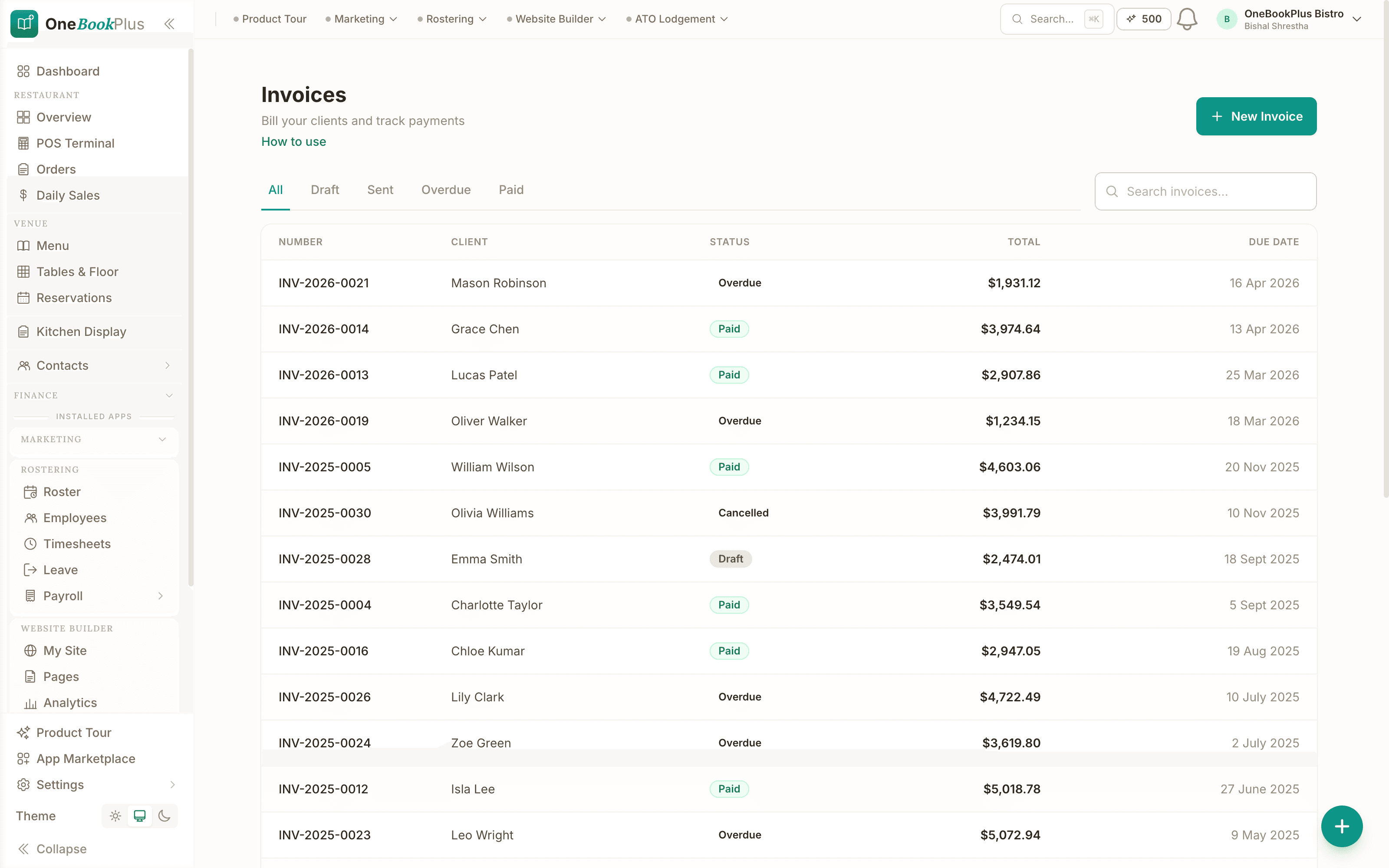 Invoicing in the OneBookPlus web app