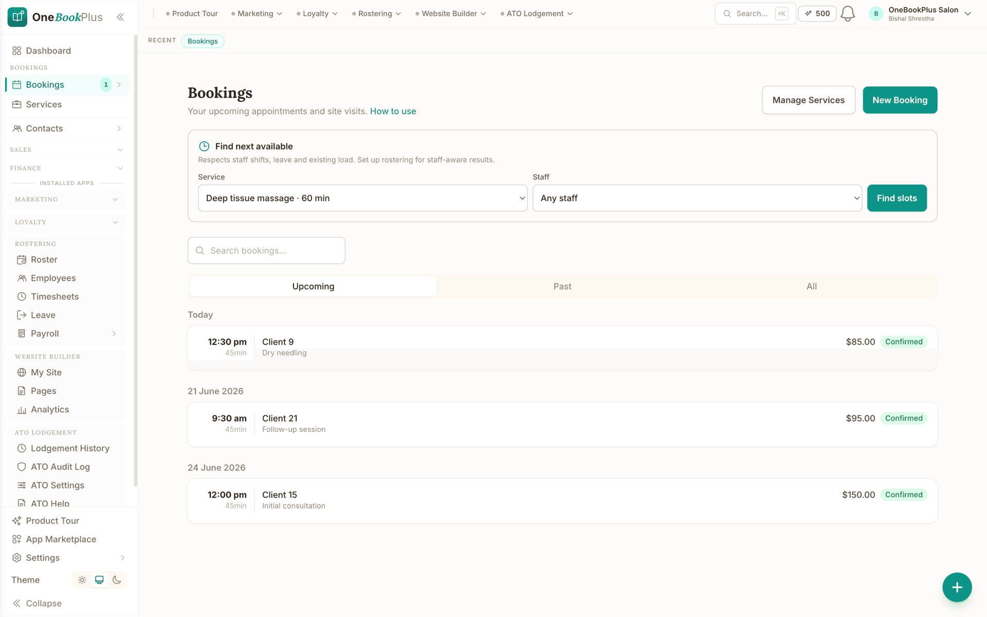 Online bookings in the OneBookPlus web app