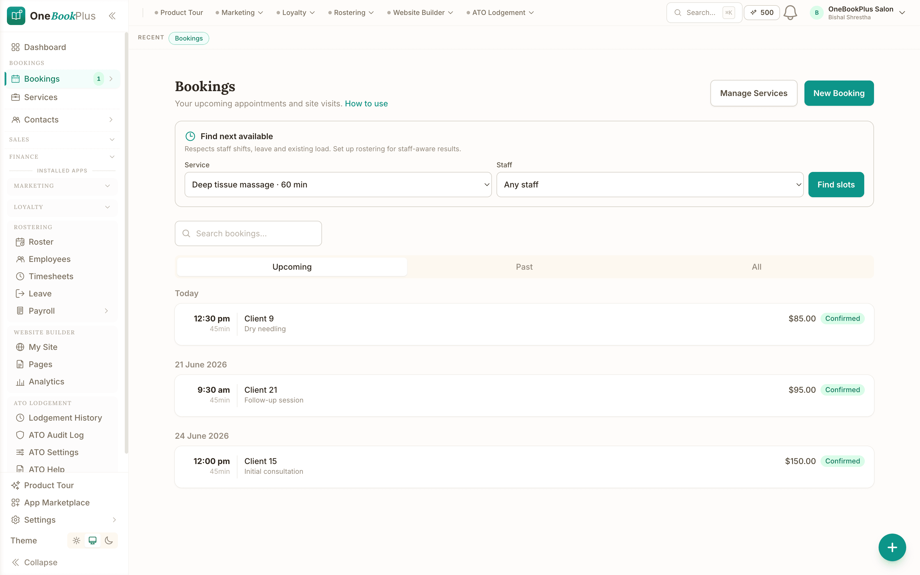 Online bookings in the OneBookPlus web app