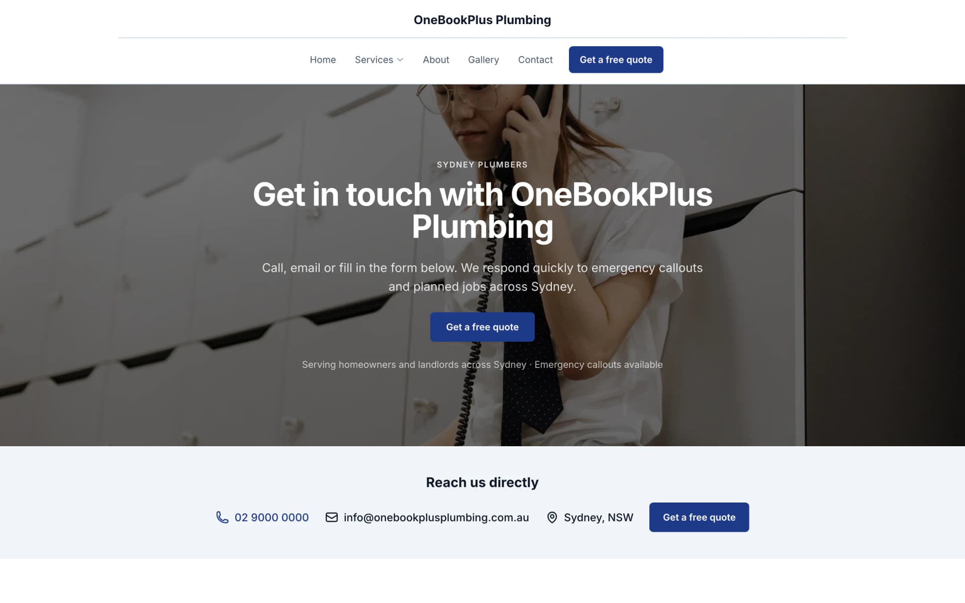 The OneBookPlus Plumbing contact page on a desktop: a hero photo of a woman on a phone call, the heading Get in touch with OneBookPlus Plumbing, and a Reach us directly strip with the phone number, the email, Sydney NSW and a quote button