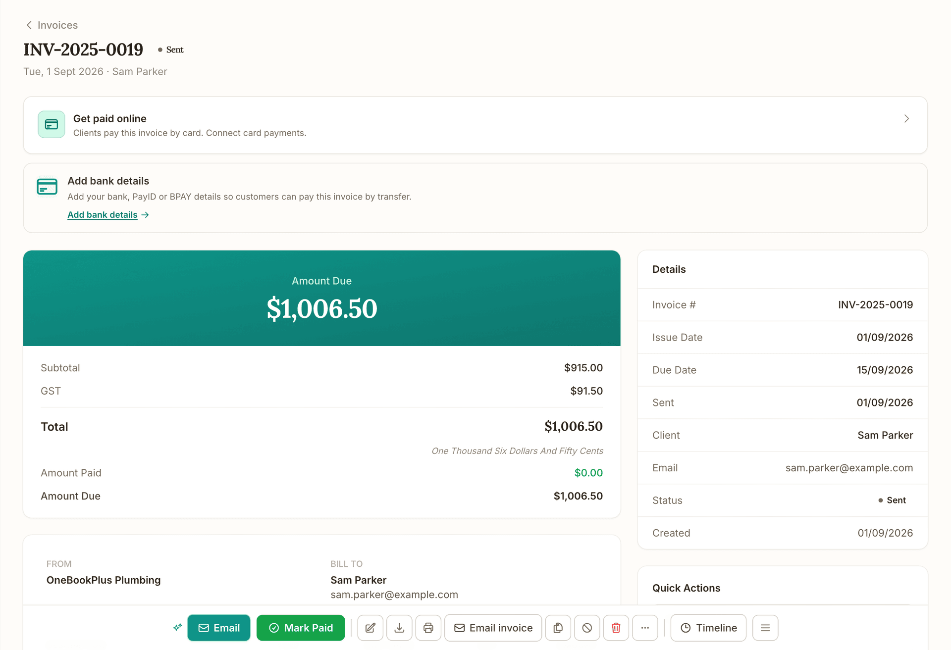 A sent invoice raised from a finished job, INV-2025-0019 for Sam Parker: the Get paid online and Add bank details prompts, the amount due of $1,006.50 with subtotal, GST, total and amount paid, the details panel, and the Email, Mark Paid and Email invoice actions.