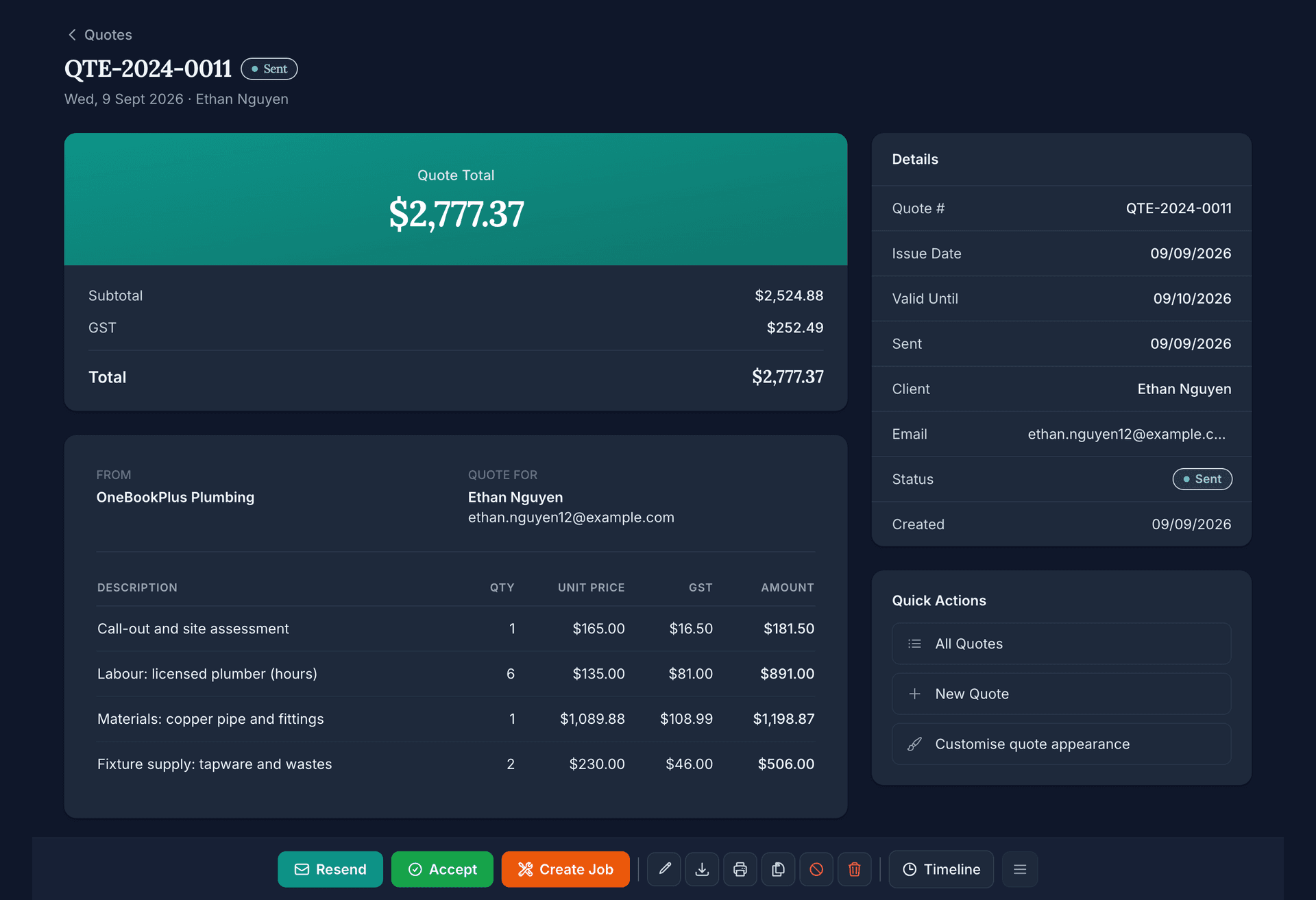 A sent quote, QTE-2024-0011 for Ethan Nguyen: the total with GST, four plumbing lines with quantity, unit price, GST and amount, the details panel, and the Resend, Accept and Create Job actions.