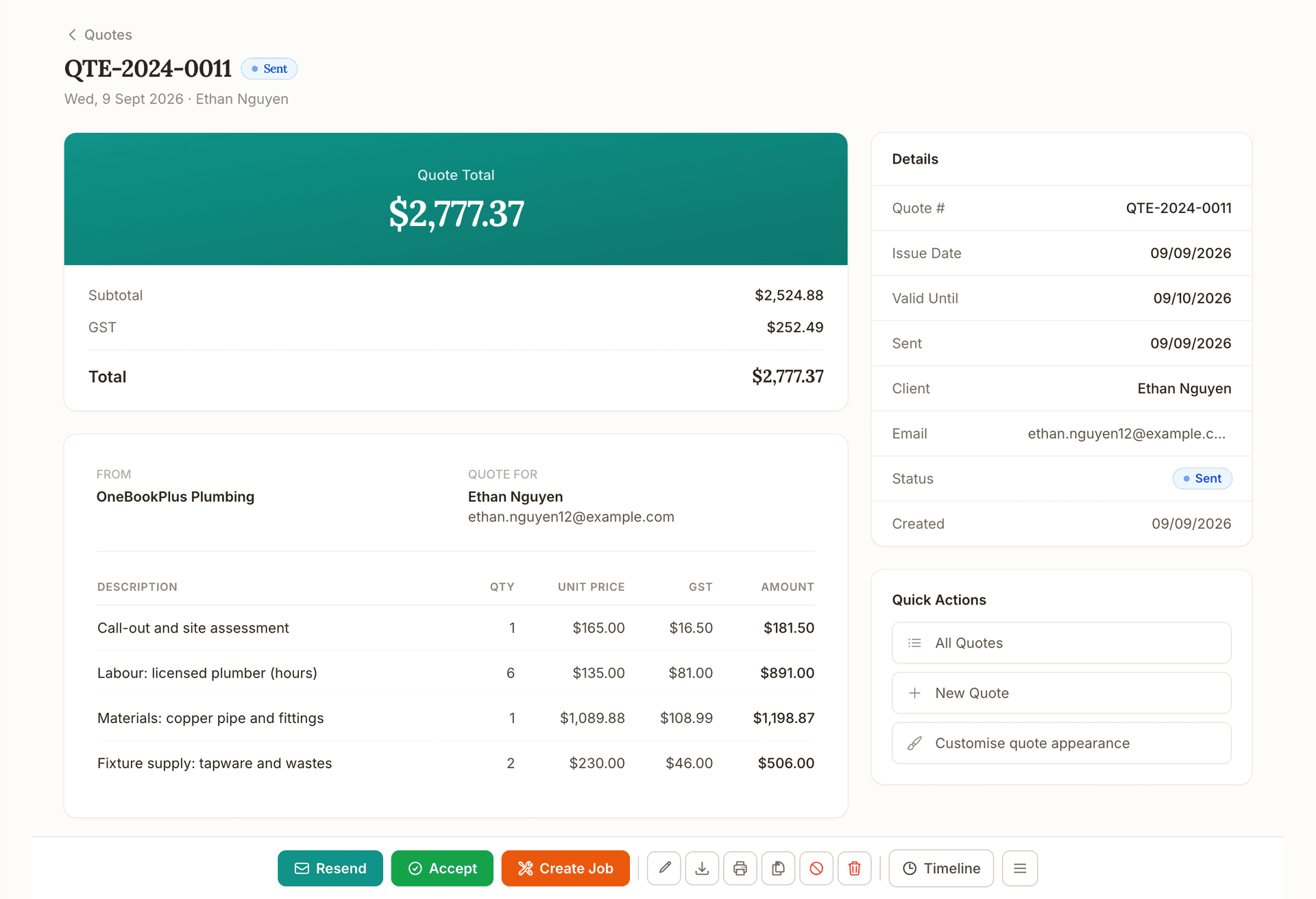 A sent quote, QTE-2024-0011 for Ethan Nguyen: the total with GST, four plumbing lines with quantity, unit price, GST and amount, the details panel, and the Resend, Accept and Create Job actions.